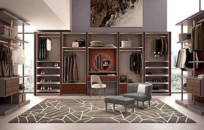 
Walk-in wardrobe structure with side panel 100 mm thick with faux leather applied to the side panels with a supporting structure lined with wood.
Finish LY20 LACQUERED CHOCCOLATE<br>
<strong>YSE01</strong> Chair with lacquered legs
<br>
<strong>YSE02</strong> Small armchair with lacquered legs
<br>
<strong>YSE03</strong> Rectangular footrest

