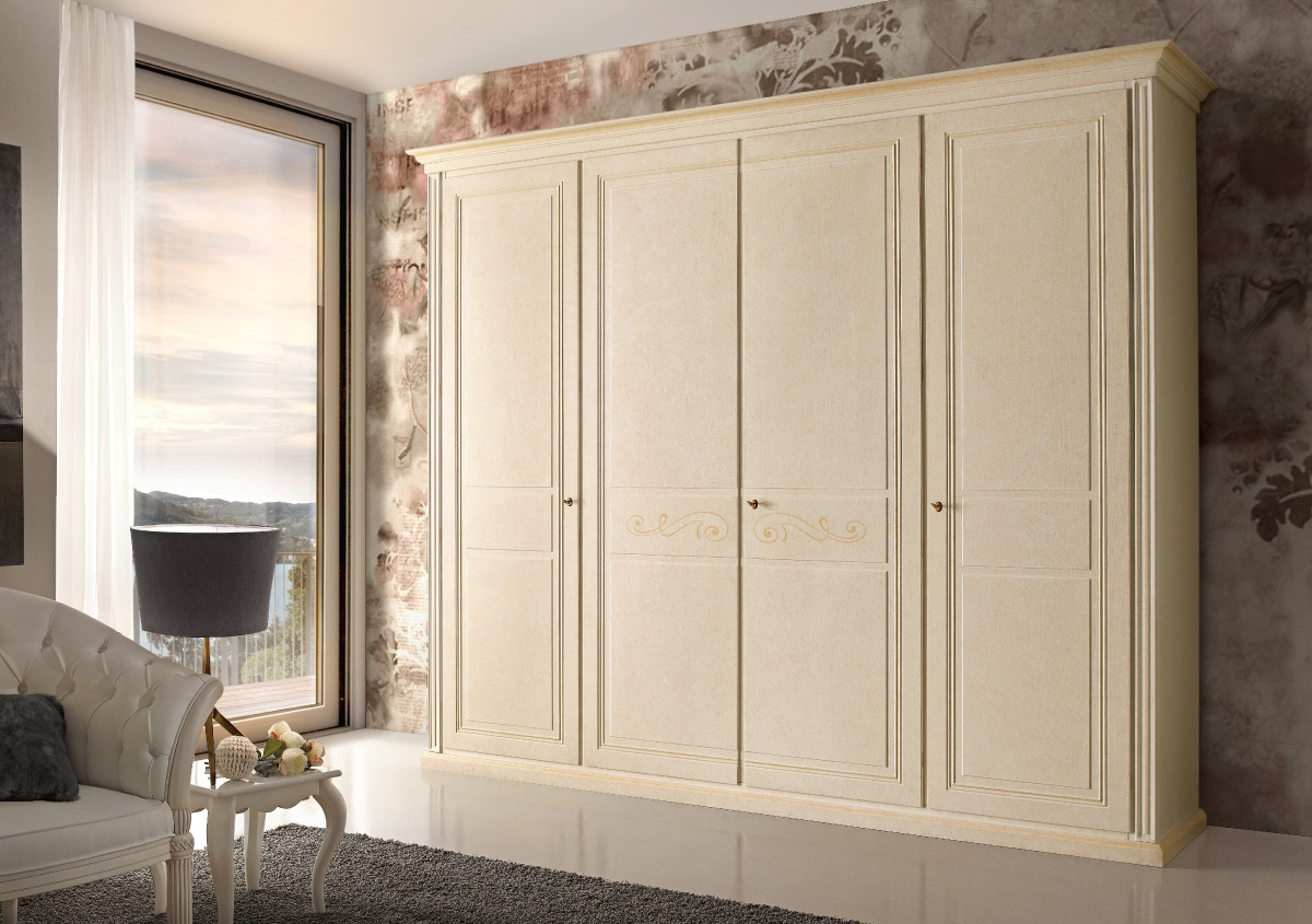 Wardrobe with 4 hinged doors, antique finish, ochre colour washes and decorations