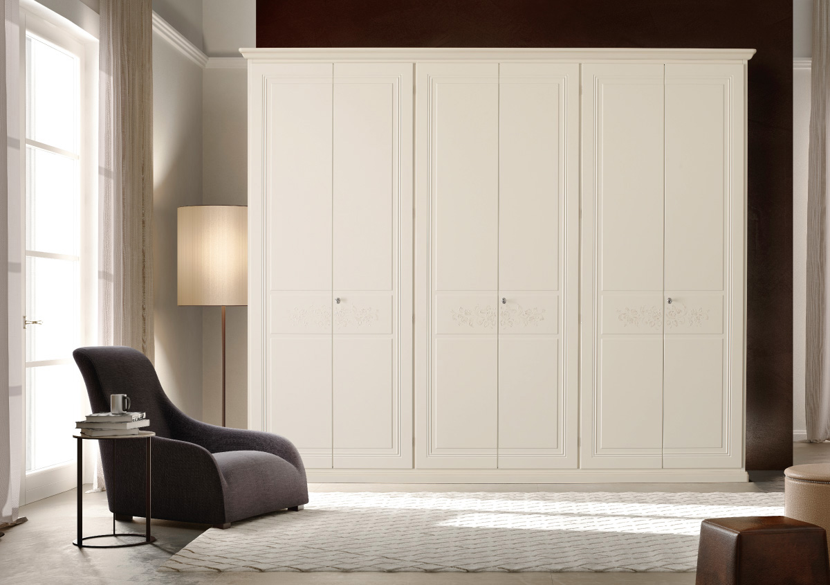 Wardrobe with 6 hinged doors, unglazed antique white lacquer finish, relief decorations in a mother-of-pearl effect