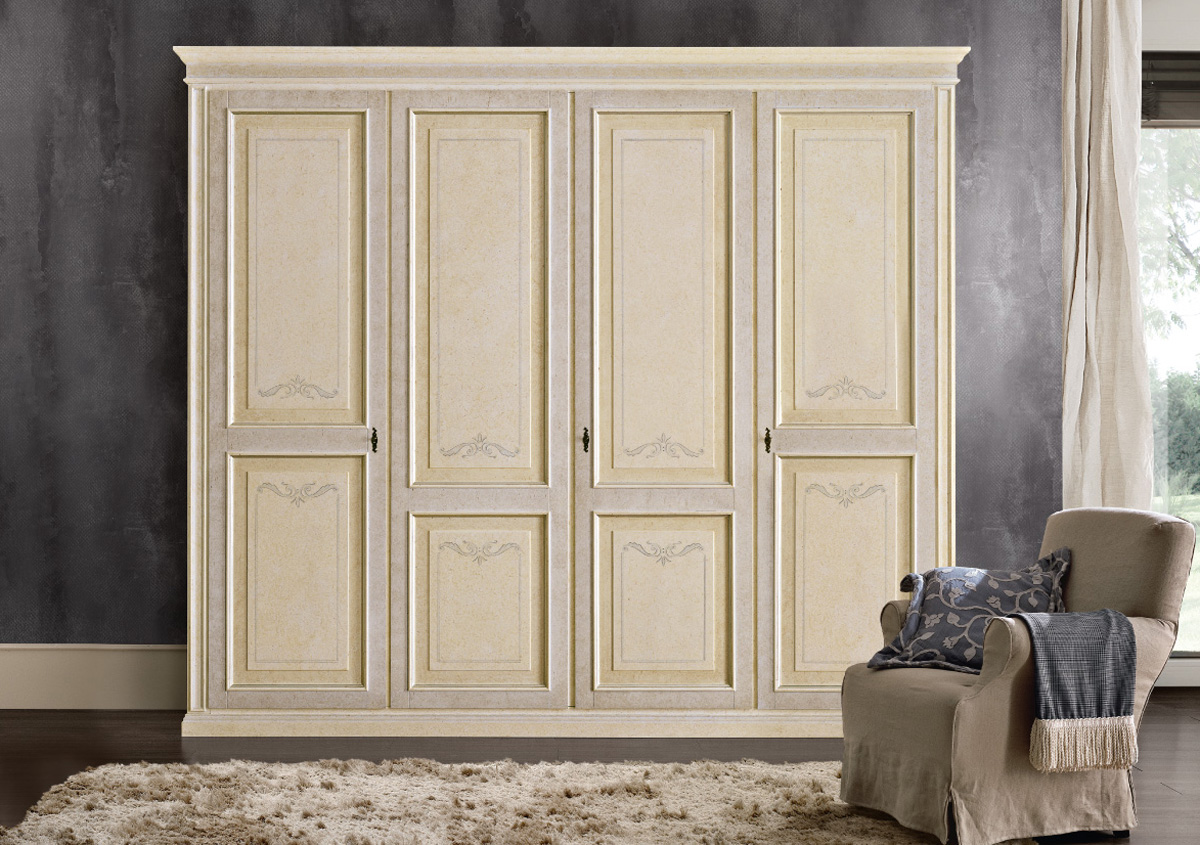 Wadrobe with 4 hinged doors, antique finish, light blue colour wash on outer section and ochre on inner section