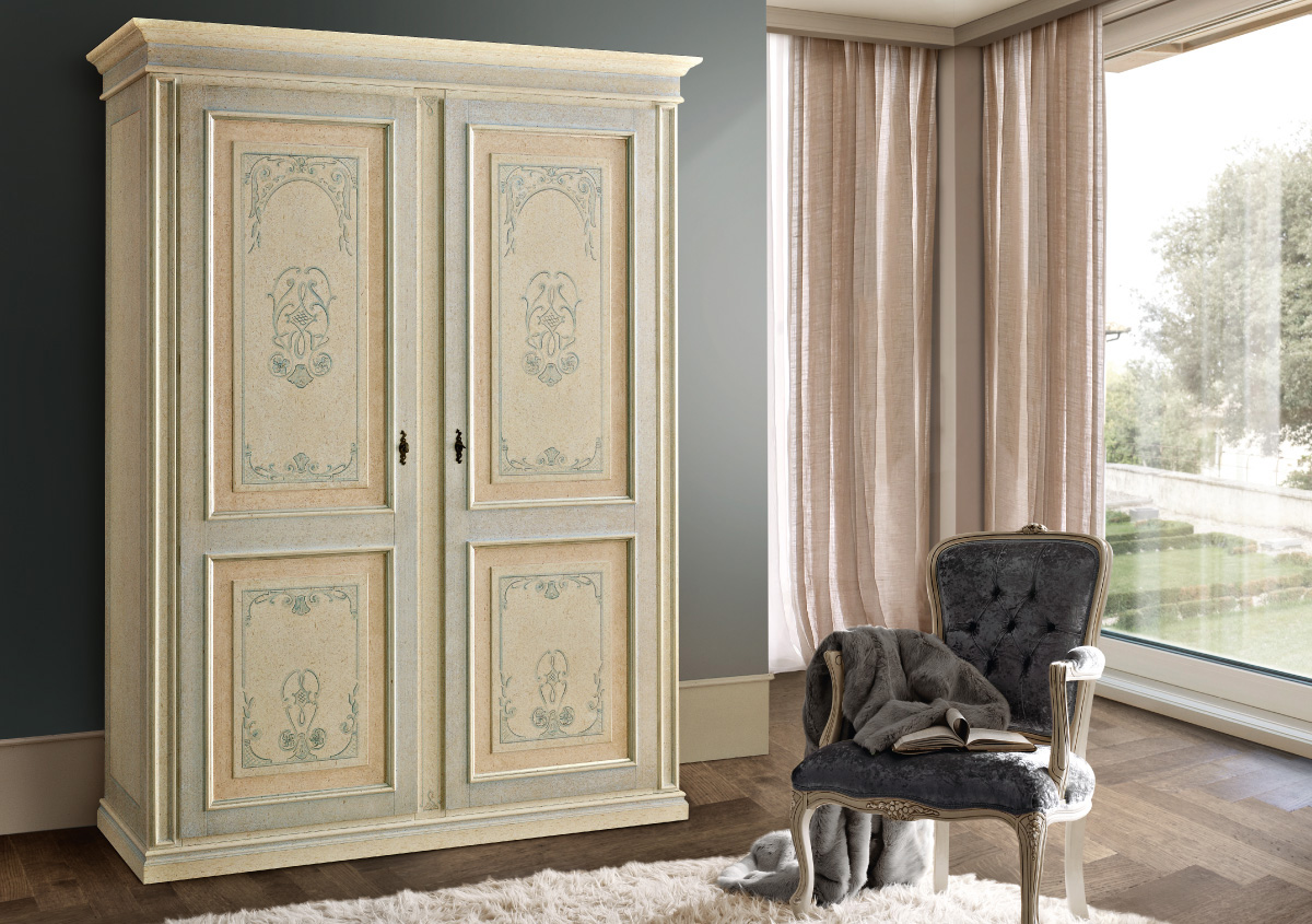 Wardrobe with 2 hinged doors: antique finish light blue decoration and colour wash on outer section, pink on inner section